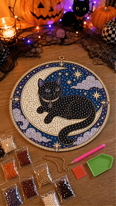 🌙🐈⬛ LAST DAY 49% OFF – ✨ Premium 3D Pearl Celestial Black Cat Window Hanging Kit | Luxury Flocked Canvas with Scratch-Resistant Non-Fading Pearl Beads DIY Handmade Moonlight Suncatcher Decor 🔮💎