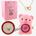 Multi-Color Preserved Rose Bear Gift Box with Rotating Surprise & Matching Heart Couple Necklace