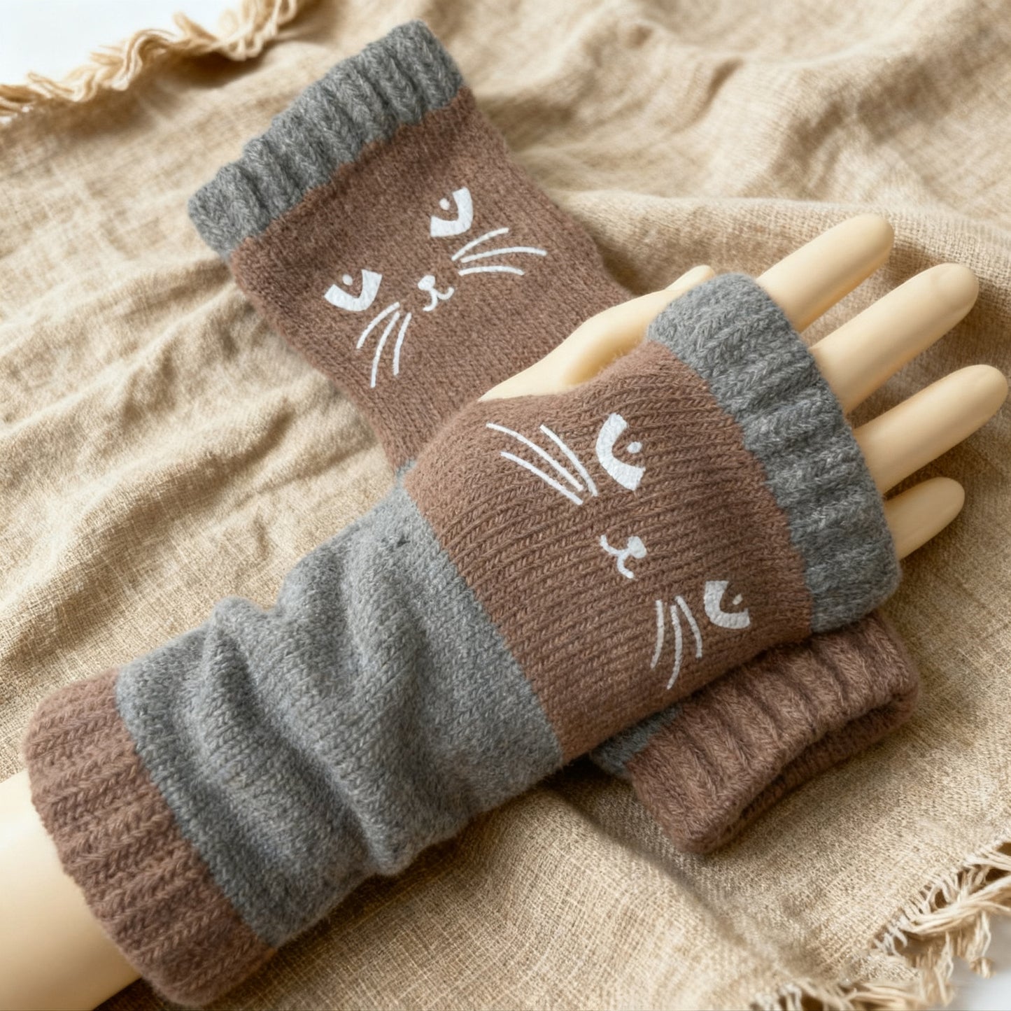 🐱 Cute Cat Knitted Fingerless Gloves Warm Touchscreen Winter Gloves for Women