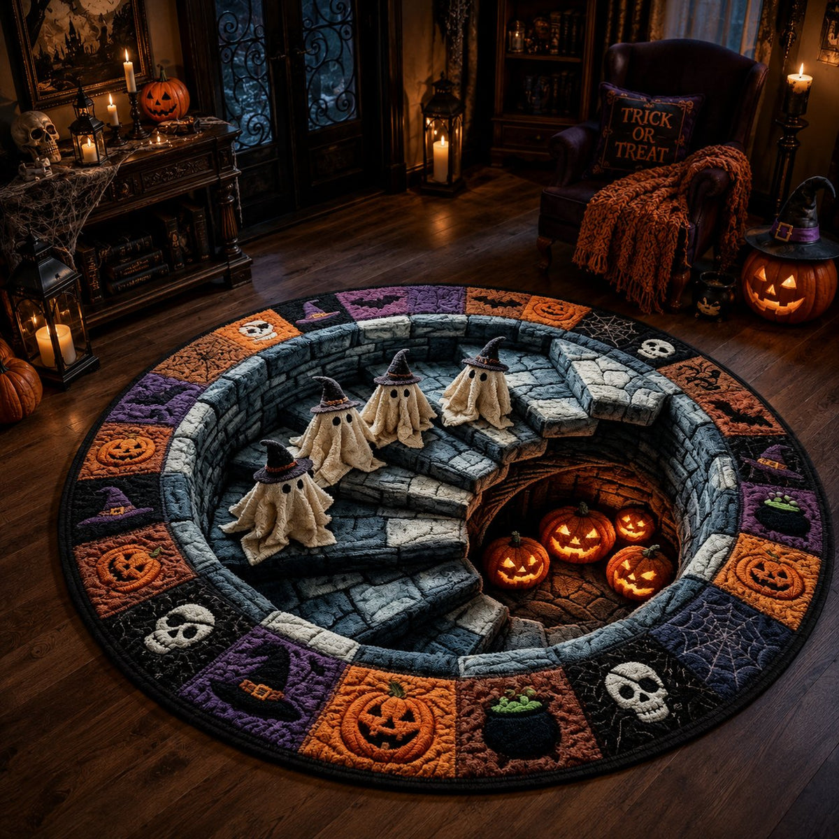 🔥3D Haunted Staircase Round Rug – Spooky Halloween Optical Illusion👻