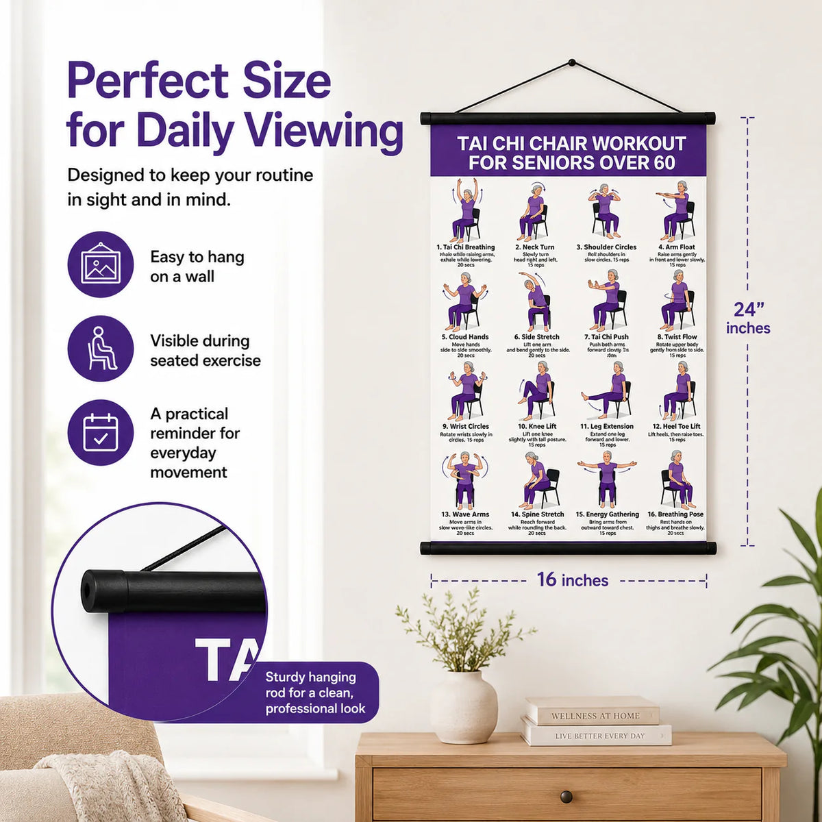 Senior Wellness Exercise Poster – 16-Step Chair Tai Chi Routine for Daily Mobility