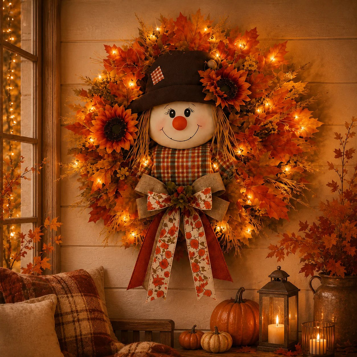🍁 Holiday Celebration 50% OFF 🌻-🍂Lighted Scarecrow Fall Wreath for a Cozy, Welcoming Front Door Display ✨