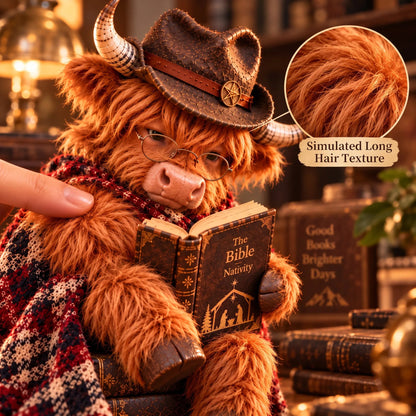 📚Last day Promotion 🔥-🐮Enchanted Highland Cow Reader Sculpture for Cozy Winter Book Nook Decor 📚