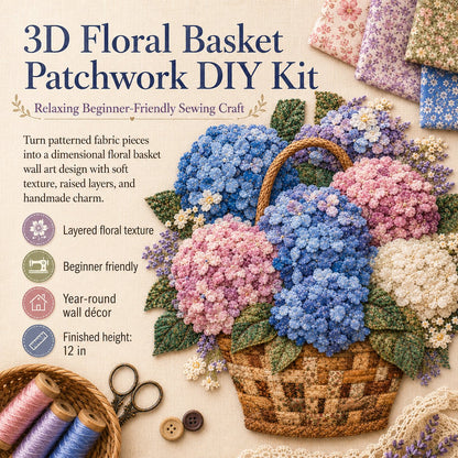 🧵HOT SALE 50% OFF✨ -🌸 Floral Basket Patchwork DIY Kit with 3D Layered Fabric Flowers for Creative Home Decor & Gifts 🎁