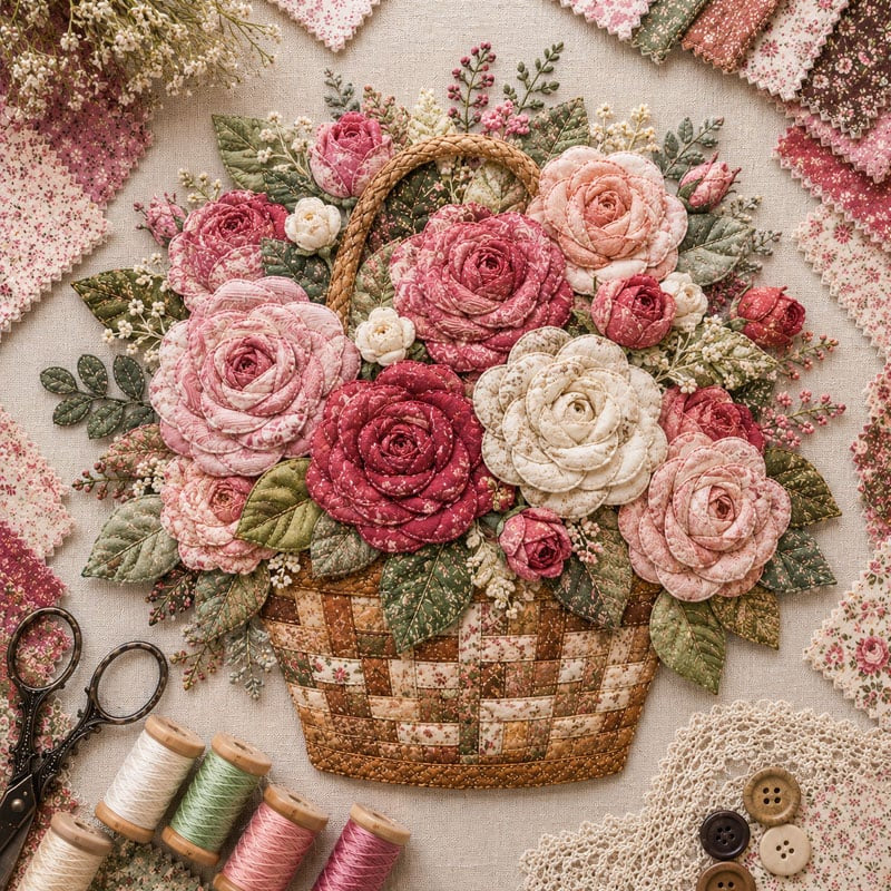 🧵HOT SALE 50% OFF✨ -🌸 Floral Basket Patchwork DIY Kit with 3D Layered Fabric Flowers for Creative Home Decor & Gifts 🎁