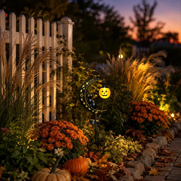 🎃 Solar Halloween Black Cat & Pumpkin Moon Garden Light ✨