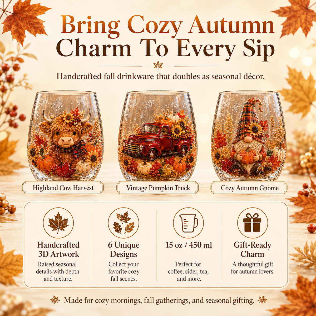 🔥 Last Day 50% OFF✨-🍂Autumn Harvest 3D Glass Cup Gift Set – 6 Festive Designs