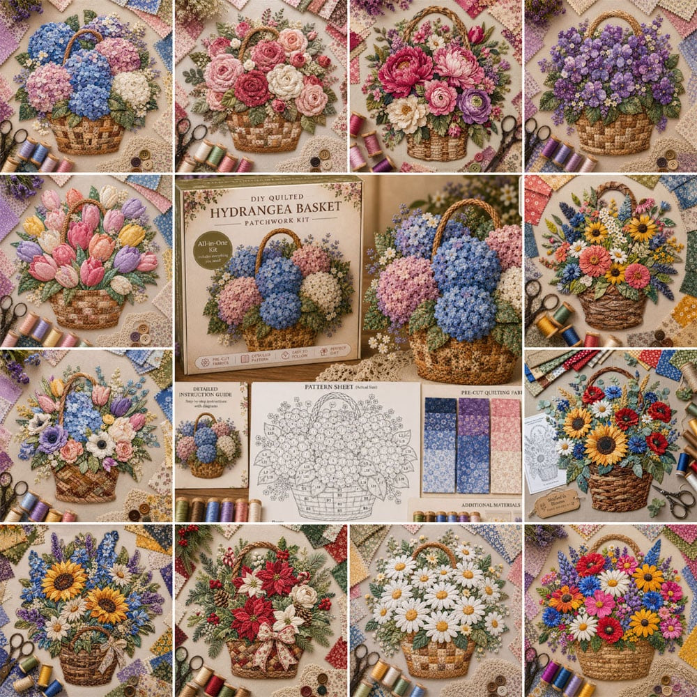 🧵HOT SALE 50% OFF✨ -🌸 Floral Basket Patchwork DIY Kit with 3D Layered Fabric Flowers for Creative Home Decor & Gifts 🎁