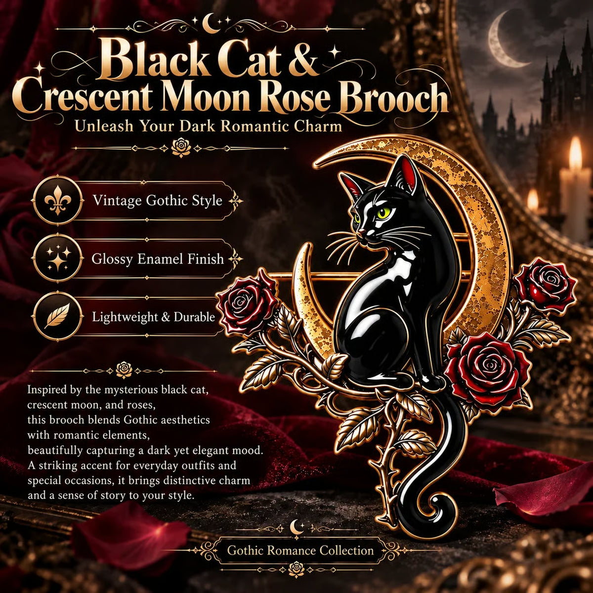 🐈‍⬛ Last Day 50% OFF✨-🌙 Gothic Black Cat Crescent Moon Rose Brooch 🖤
