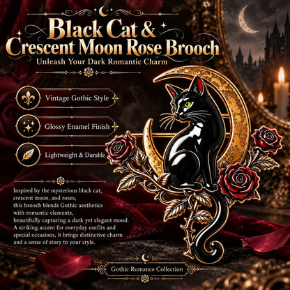 🐈‍⬛ Last Day 50% OFF✨-🌙 Gothic Black Cat Crescent Moon Rose Brooch 🖤