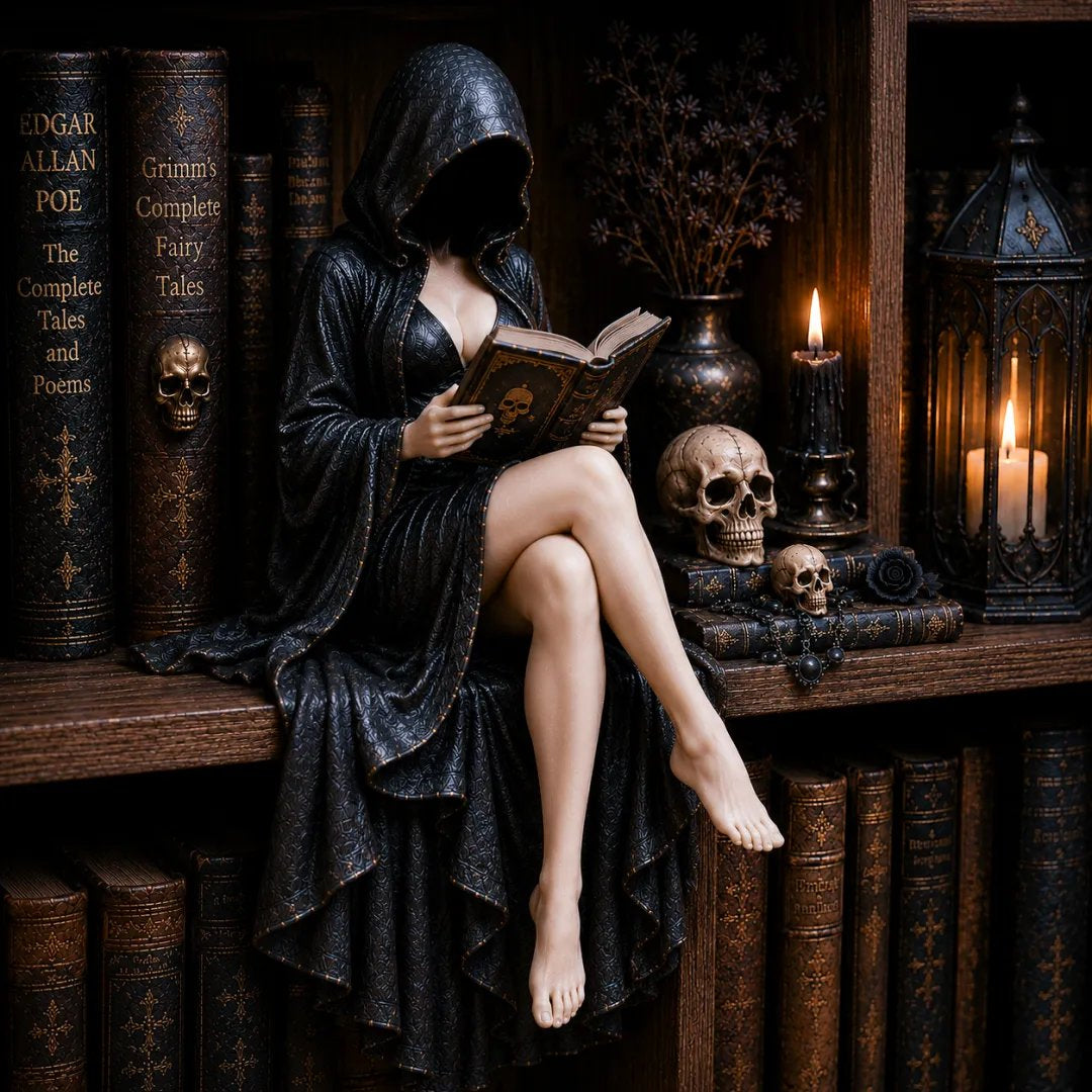 🖤Gothic Hooded Reader Figurine – Dark Academia Bookshelf Decor