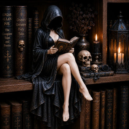 🖤Gothic Hooded Reader Figurine – Dark Academia Bookshelf Decor