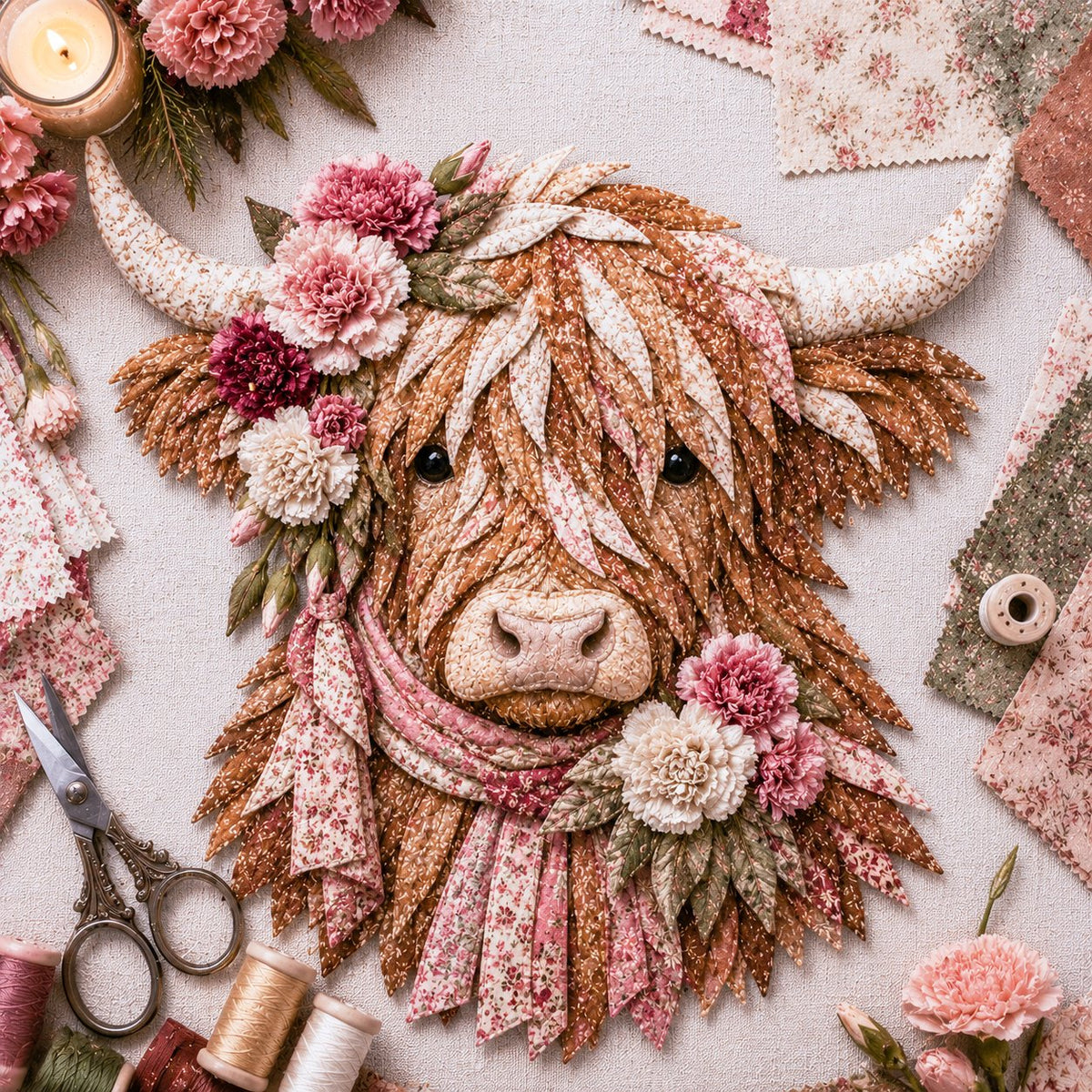 🔥 Last Day 50% OFF✨-🐮 DIY Highland Cow 3D Fabric Art Kit with Beautiful Birth Flower Design 🌸✨