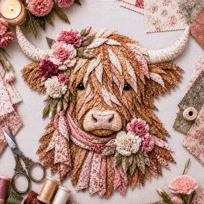 🔥 Last Day 50% OFF✨-🐮 DIY Highland Cow 3D Fabric Art Kit with Beautiful Birth Flower Design 🌸✨