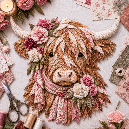 🔥 Last Day 50% OFF✨-🐮 DIY Highland Cow 3D Fabric Art Kit with Beautiful Birth Flower Design 🌸✨