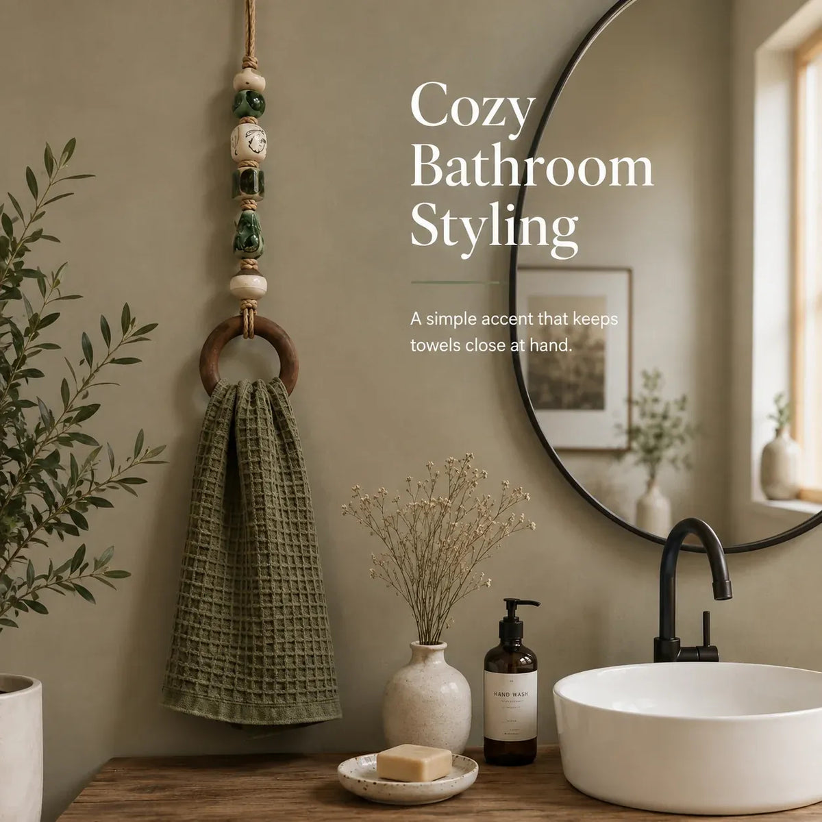 🏠Last day Promotion 🔥-🧺Beaded Towel Hanger with Wooden Ring for Stylish & Easy Bathroom Decor ✨