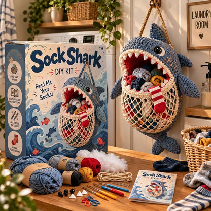 Sock Shark DIY crochet kit and finished hanging sock holder