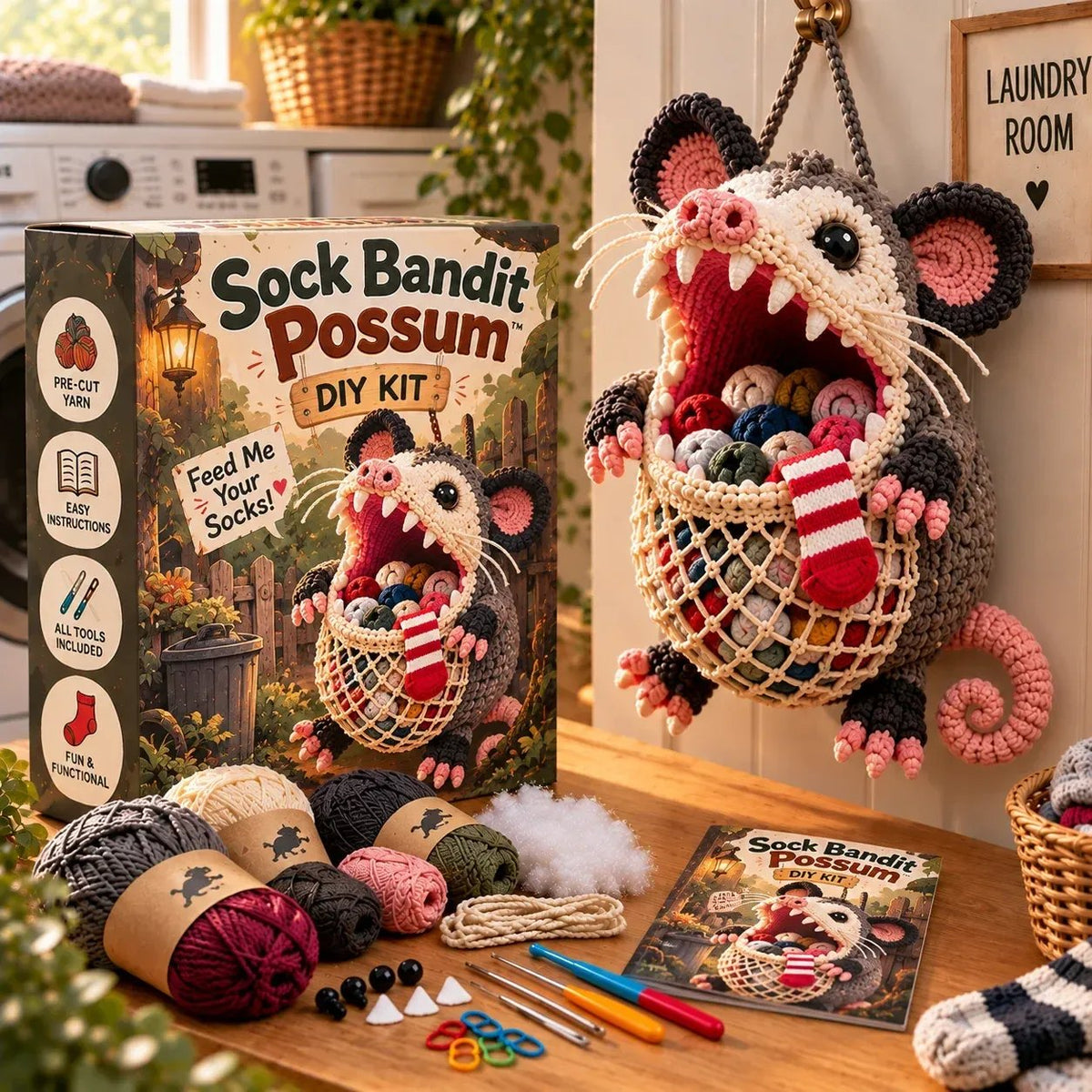 DIY Crochet Animal Sock Holder Kit | Funny Hanging Laundry Organizer & Creative Handmade Gift 🦈🐊
