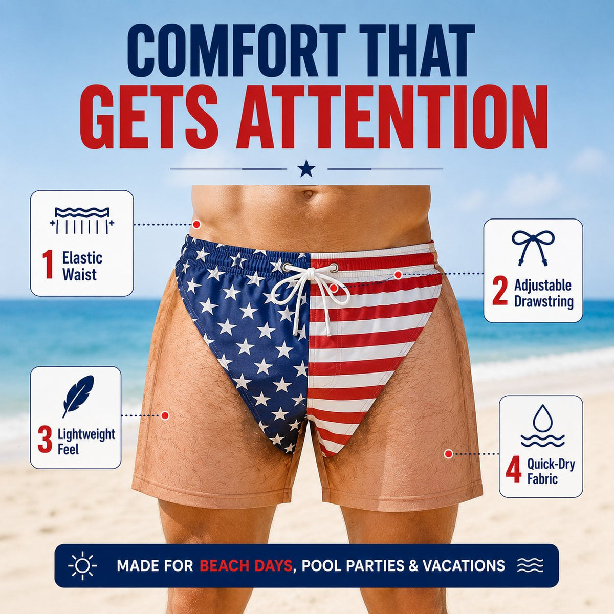 Funny Patriotic Men’s Swim Trunks – Freedom & Chill Summer Beach Shorts 🏖️😎