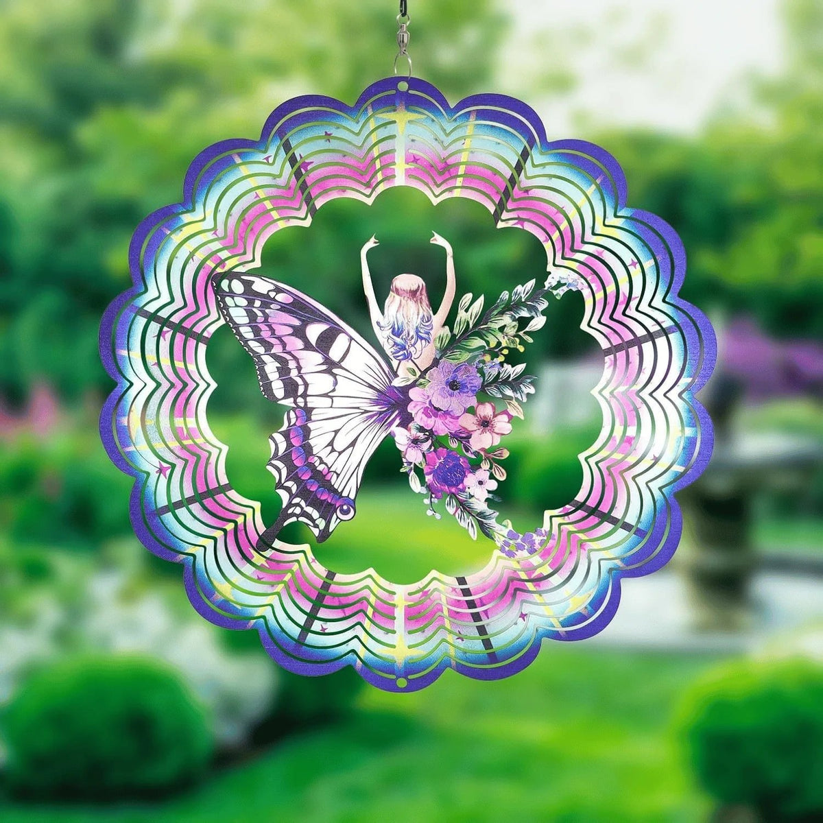 Detailed butterfly and floral layered metal wind spinner design