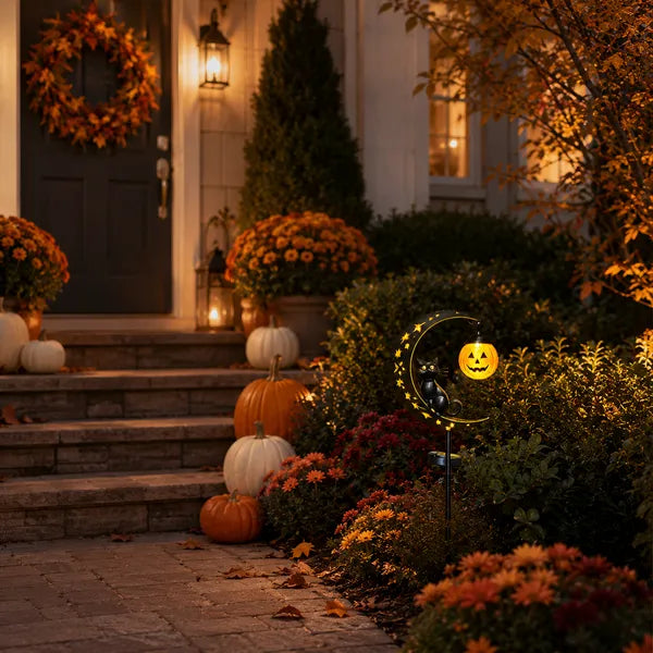🎃 Solar Halloween Black Cat & Pumpkin Moon Garden Light ✨