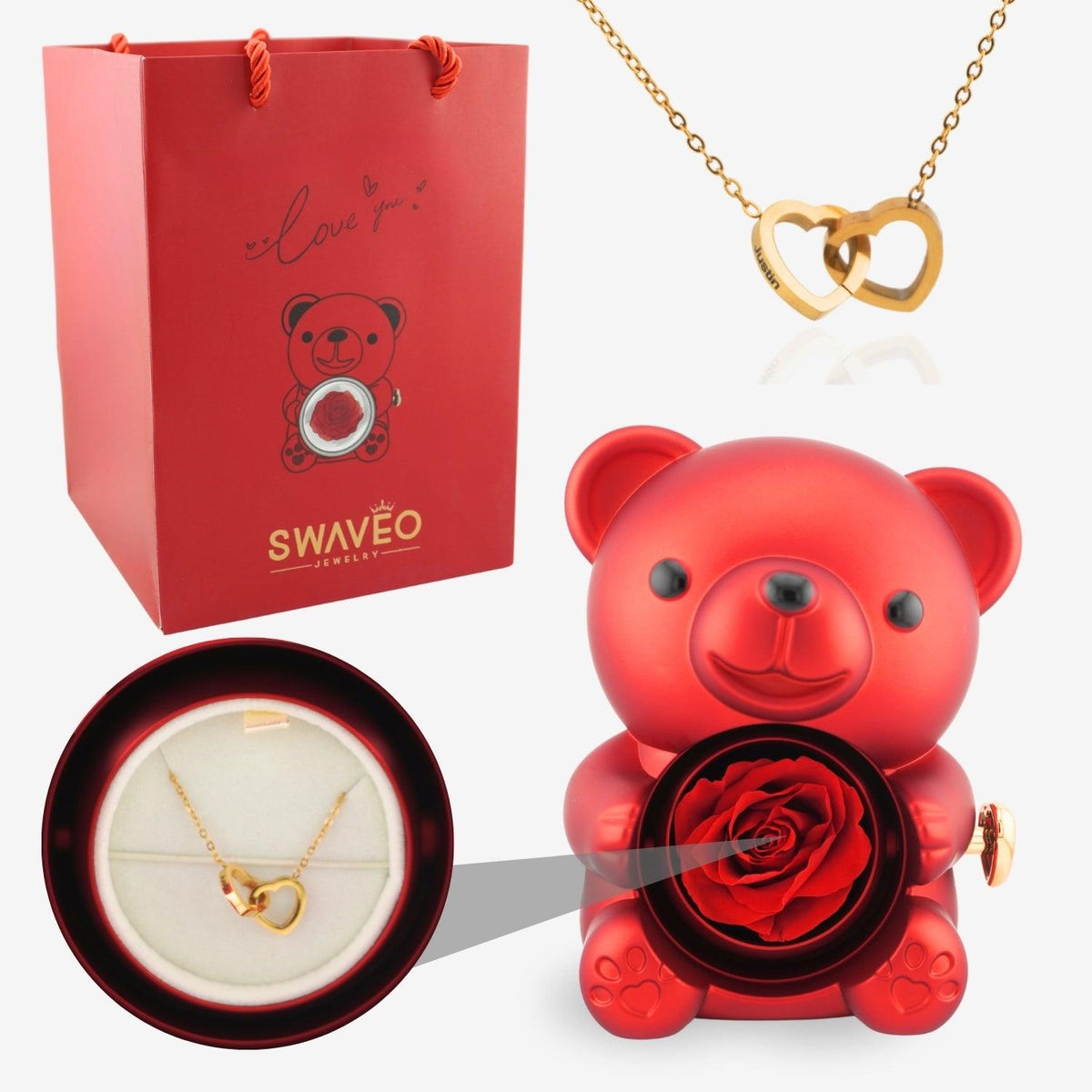 Multi-Color Preserved Rose Bear Gift Box with Rotating Surprise & Matching Heart Couple Necklace