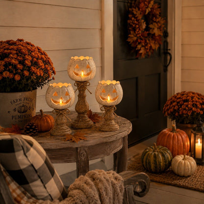 🎃 Last Day 50% OFF✨-🕯️ Set of 3 White Pumpkin Candle Holders for Cozy Autumn Home Decor ✨