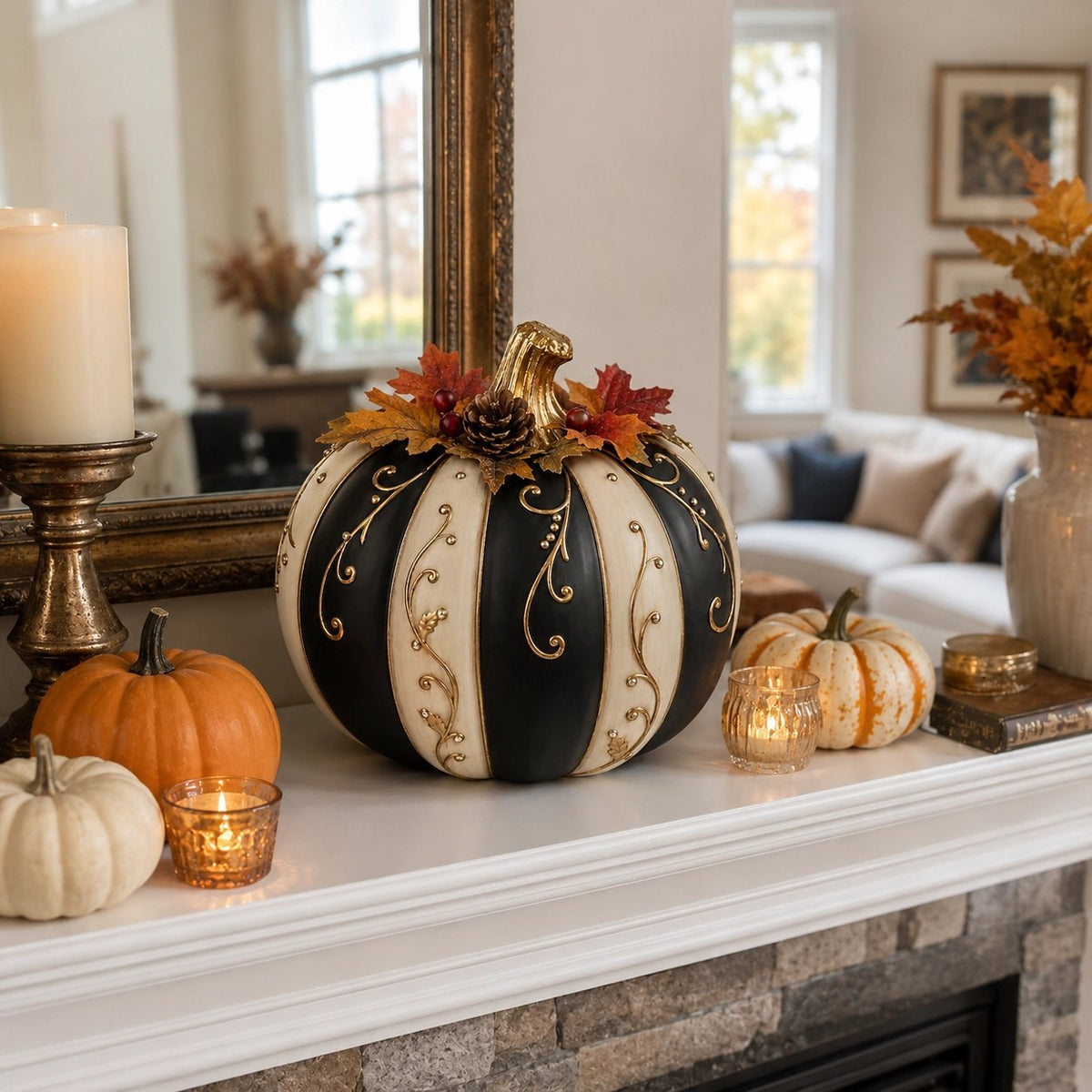 🔥 Last Day 50% OFF✨-Lighted Black & Ivory Pumpkin Decor with Remote