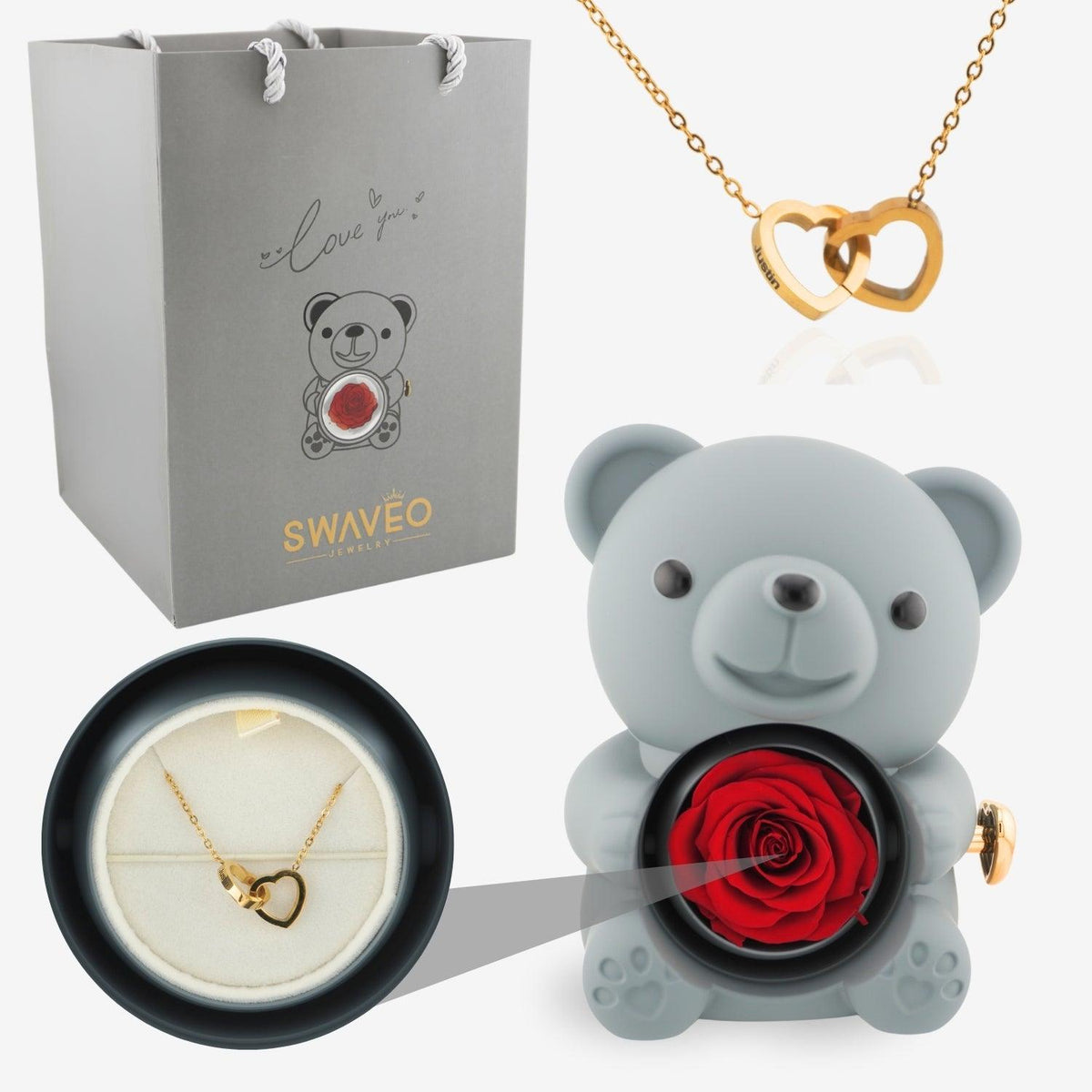 Multi-Color Preserved Rose Bear Gift Box with Rotating Surprise & Matching Heart Couple Necklace