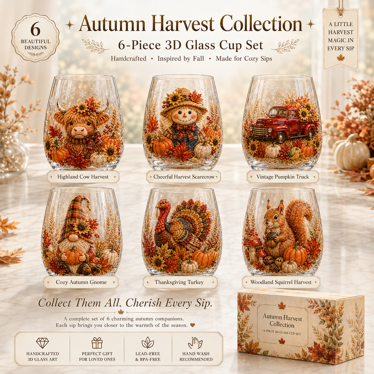 🔥 Last Day 50% OFF✨-🍂Autumn Harvest 3D Glass Cup Gift Set – 6 Festive Designs