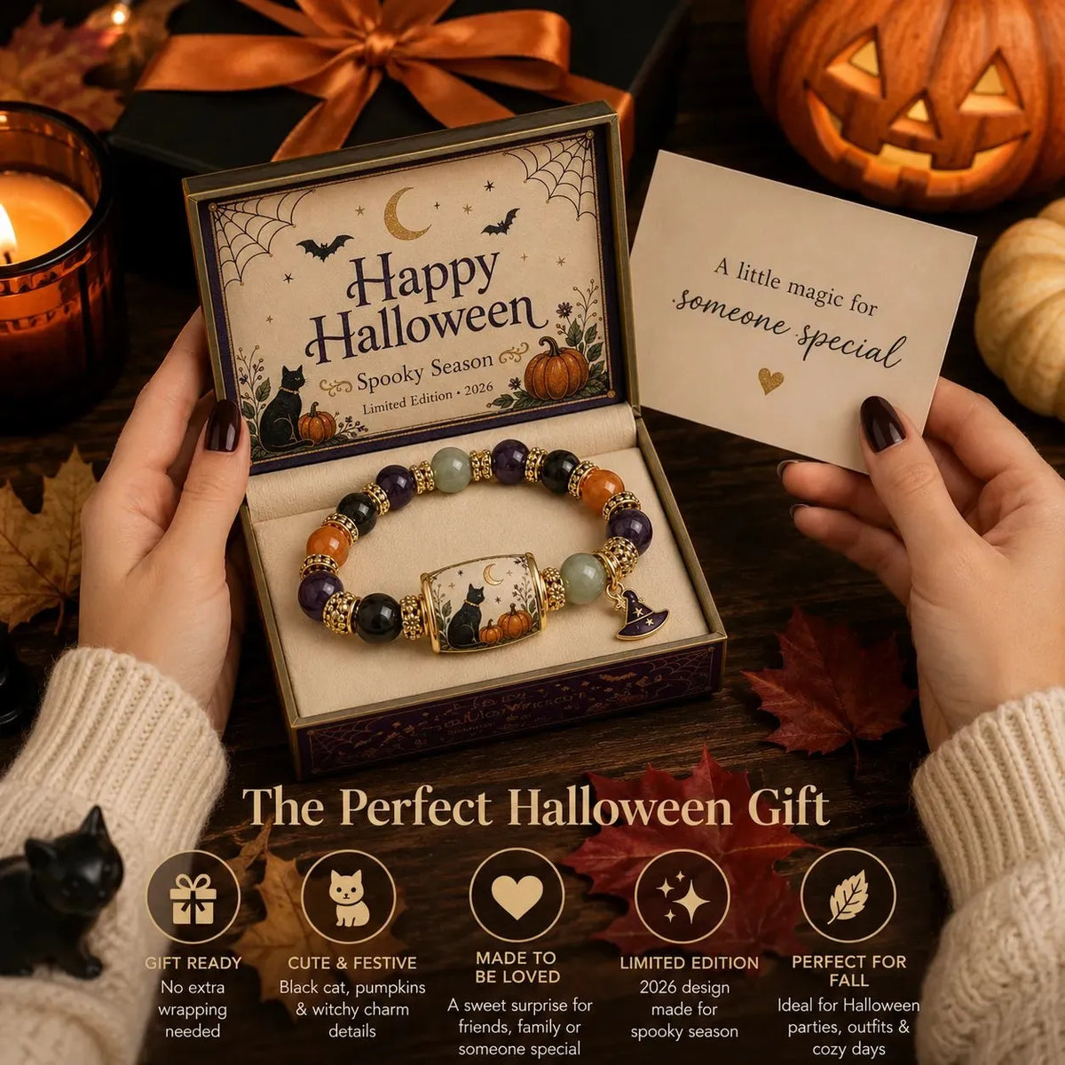 ⏰Last day Promotion 🔥-🎃 Halloween Beaded Bracelet – Black Cat & Pumpkin Charm Spooky Season Jewelry Gift