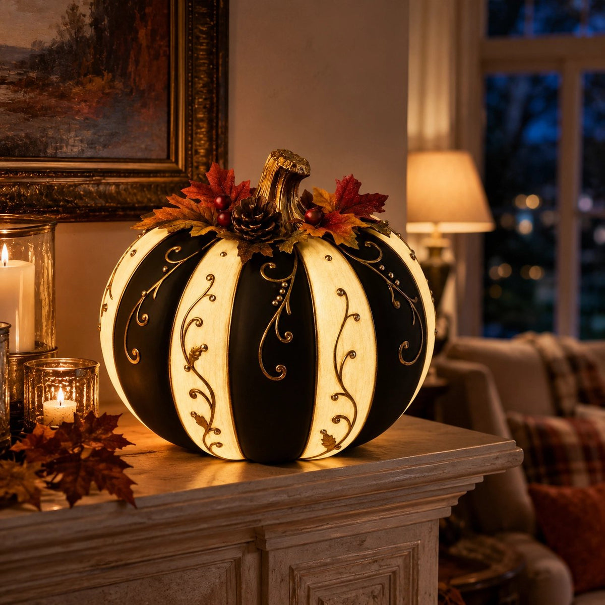🔥 Last Day 50% OFF✨-Lighted Black & Ivory Pumpkin Decor with Remote