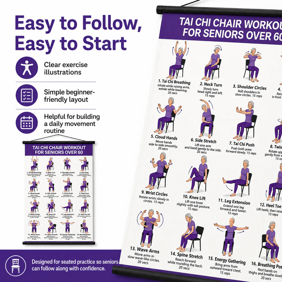 Senior Wellness Exercise Poster – 16-Step Chair Tai Chi Routine for Daily Mobility