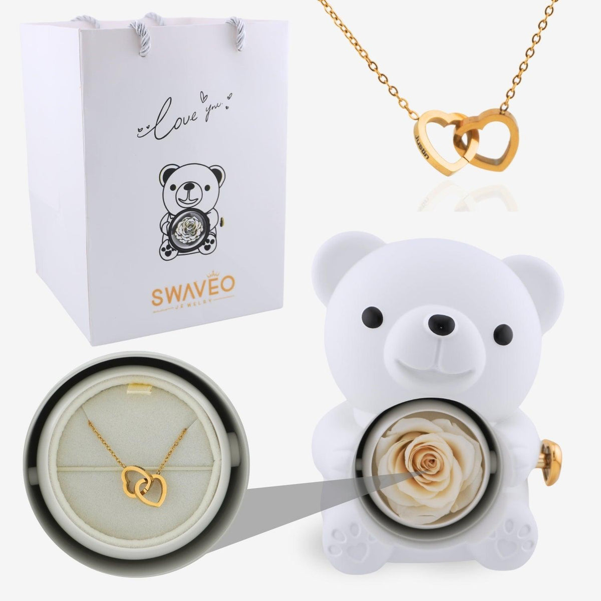 Multi-Color Preserved Rose Bear Gift Box with Rotating Surprise & Matching Heart Couple Necklace