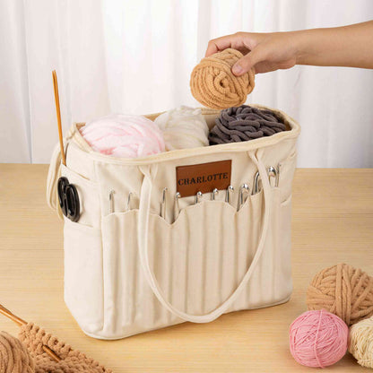 Large Canvas Yarn Storage Bag with Needle Pockets and Handle Crochet Knitting Accessories Birthday Gift for Craft Lovers