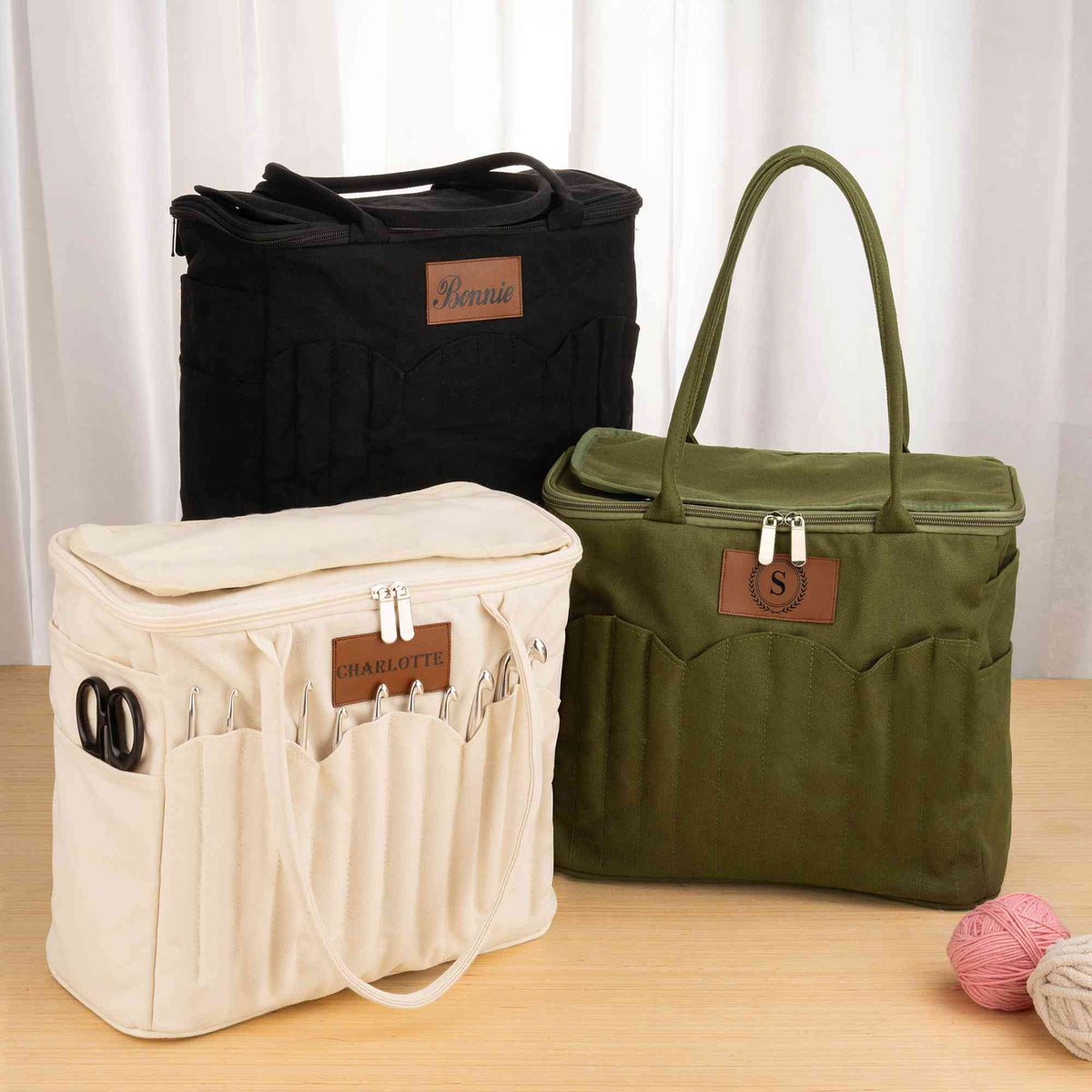 Large Canvas Yarn Storage Bag with Needle Pockets and Handle Crochet Knitting Accessories Birthday Gift for Craft Lovers