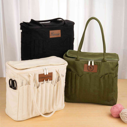 Large Canvas Yarn Storage Bag with Needle Pockets and Handle Crochet Knitting Accessories Birthday Gift for Craft Lovers