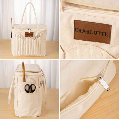 Large Canvas Yarn Storage Bag with Needle Pockets and Handle Crochet Knitting Accessories Birthday Gift for Craft Lovers
