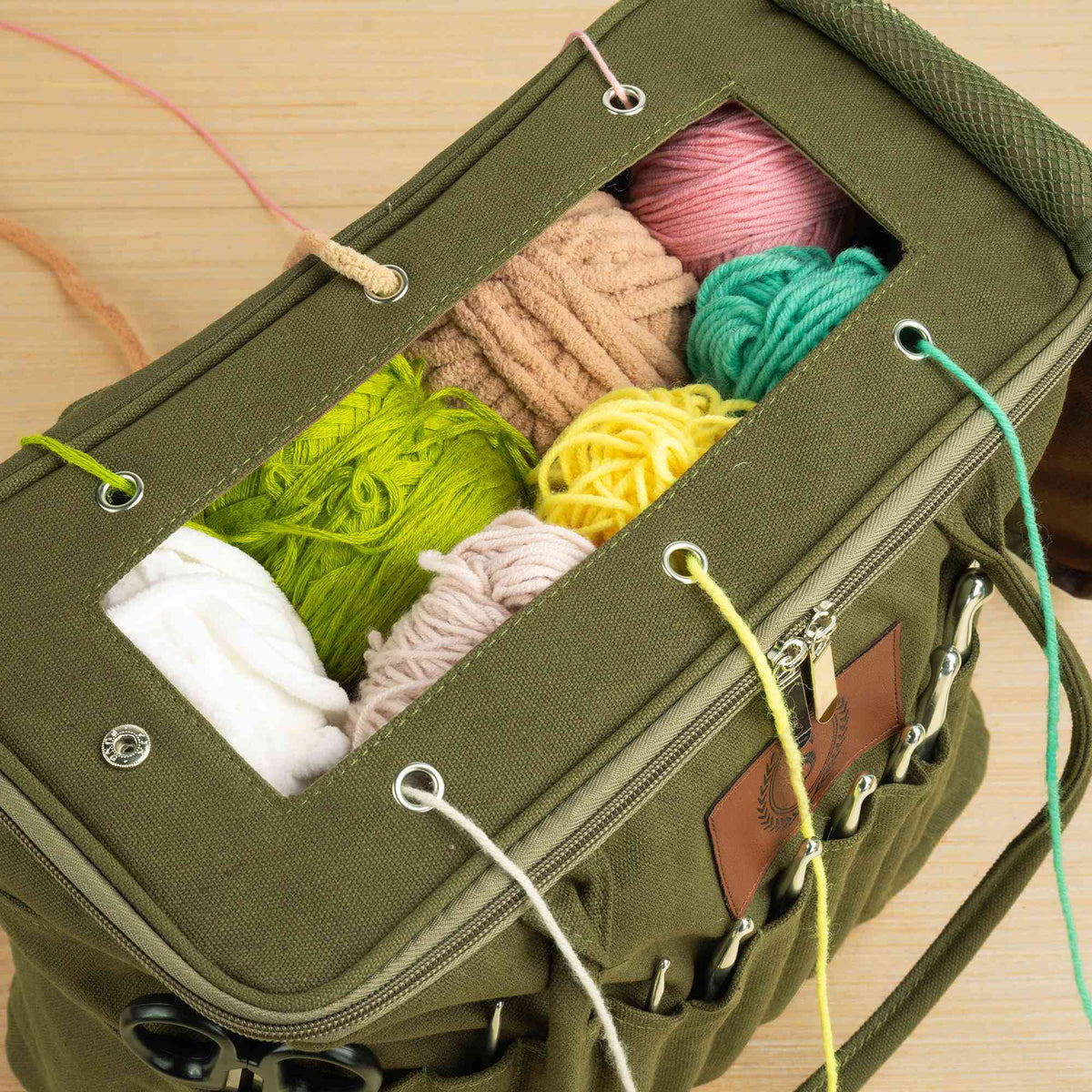 Large Canvas Yarn Storage Bag with Needle Pockets and Handle Crochet Knitting Accessories Birthday Gift for Craft Lovers