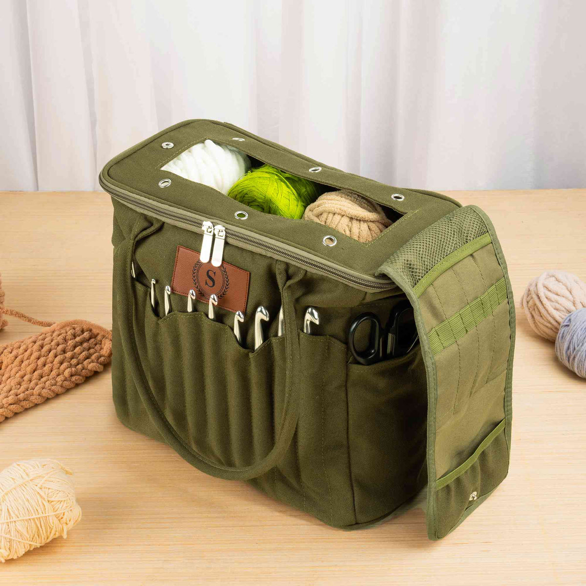 Large Canvas Yarn Storage Bag with Needle Pockets and Handle Crochet Knitting Accessories Birthday Gift for Craft Lovers