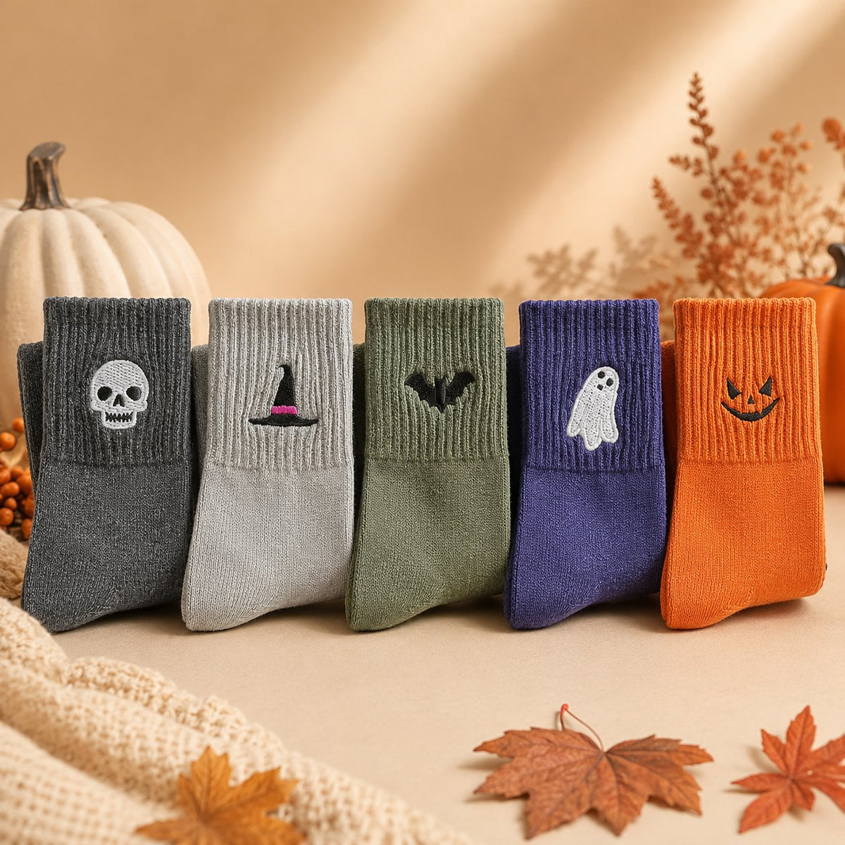 🎃Viral Halloween Embroidered Crew Socks – Cute Spooky Knit Socks | 100% Cotton✨