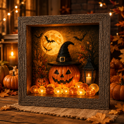 ⏰Last day Promotion 🔥-✨ DIY Halloween Shadow Box Kit with Warm LED Glow for Cozy Fall Decor 🎃