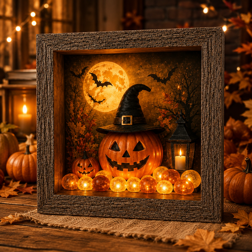 ⏰Last day Promotion 🔥-✨ DIY Halloween Shadow Box Kit with Warm LED Glow for Cozy Fall Decor 🎃