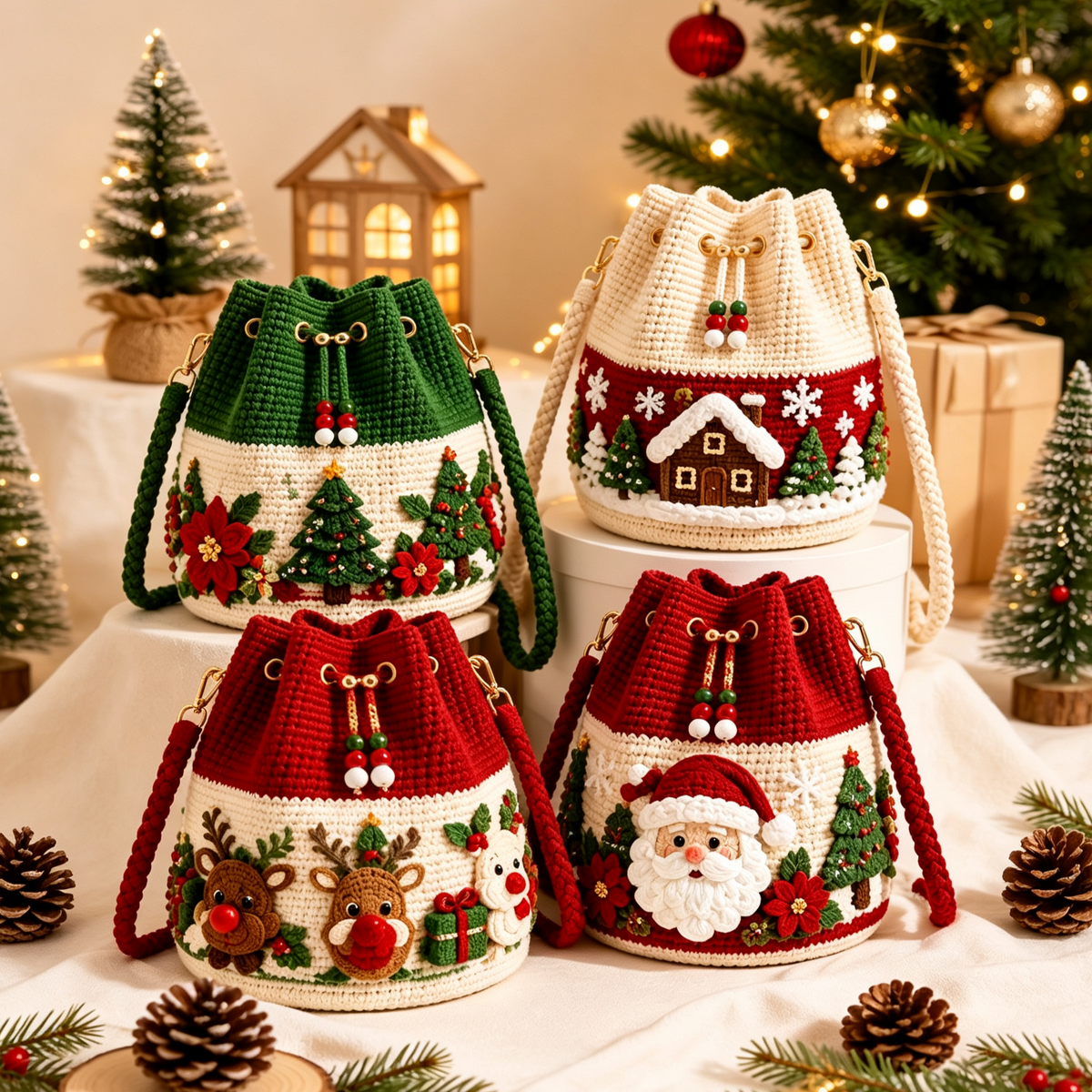 🎅Last Day 50% OFF✨-🎄Hand-Knitted Christmas Crochet Bucket Bag in 4 Festive Styles for Women 🎁