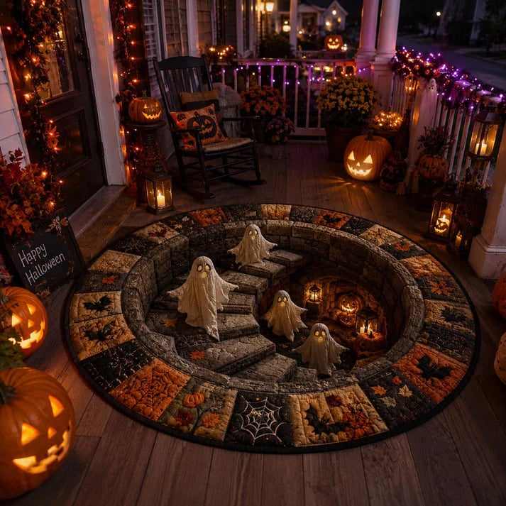 🎃👻 3D Haunted Staircase Round Rug Spooky Halloween Optical Illusion Floor Decor