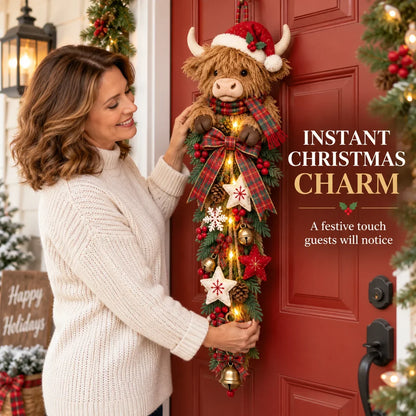 🔥 Last Day 50% OFF✨-🐮 Lighted Highland Cow Christmas Door Swag for Cozy Farmhouse Holiday Decor 🎄