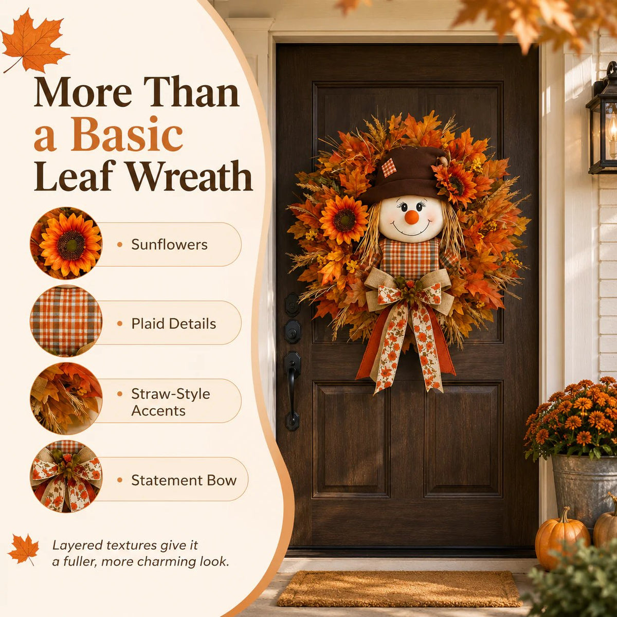 🍁 Holiday Celebration 50% OFF 🌻-🍂Lighted Scarecrow Fall Wreath for a Cozy, Welcoming Front Door Display ✨