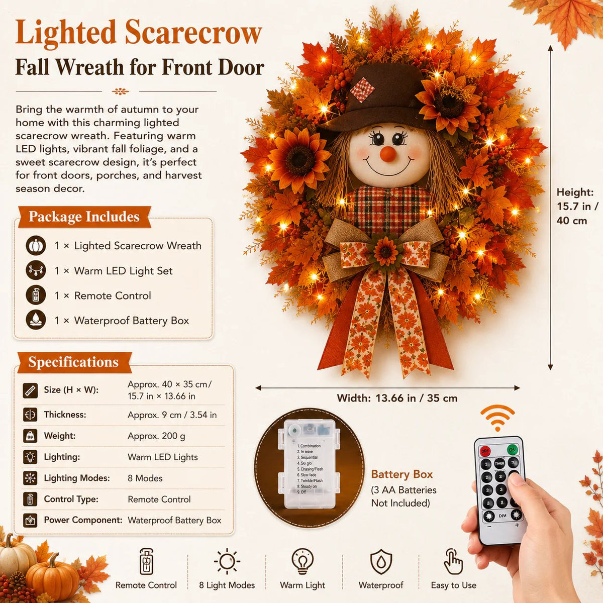 🍁 Holiday Celebration 50% OFF 🌻-🍂Lighted Scarecrow Fall Wreath for a Cozy, Welcoming Front Door Display ✨