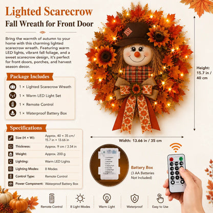 🍁 Holiday Celebration 50% OFF 🌻-🍂Lighted Scarecrow Fall Wreath for a Cozy, Welcoming Front Door Display ✨