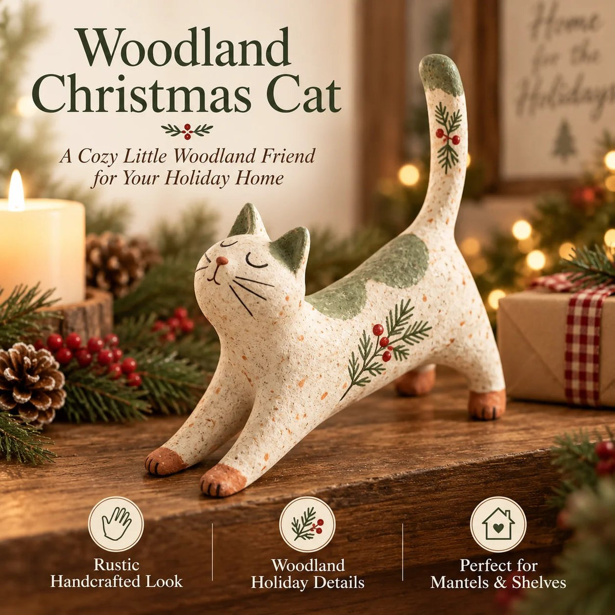 🐾 Holiday Celebration 50% OFF ✨-🐈 Woodland Christmas Cat Figurine for Cozy Holiday Decor 🏡